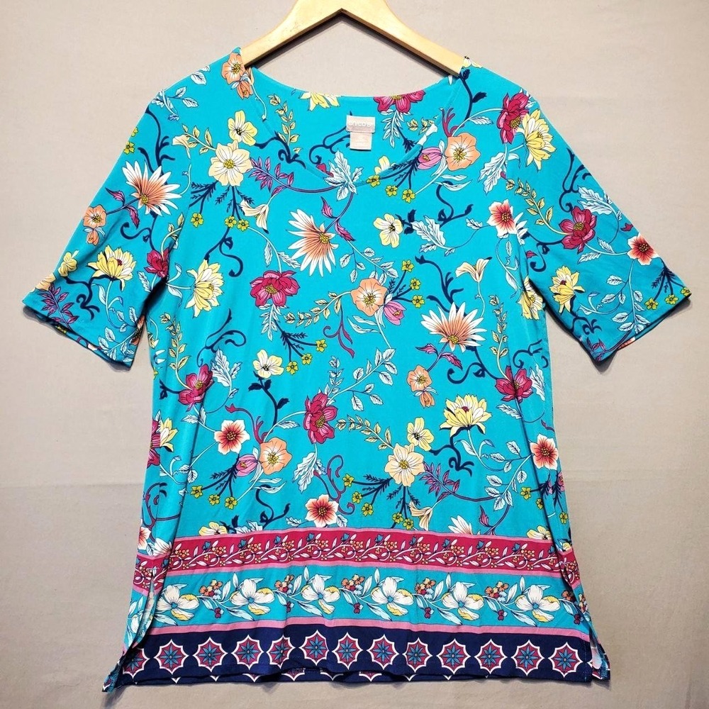Chicos Shirt Womens Medium Blue Floral Border Print Scoop Neck Tunic Boho Top